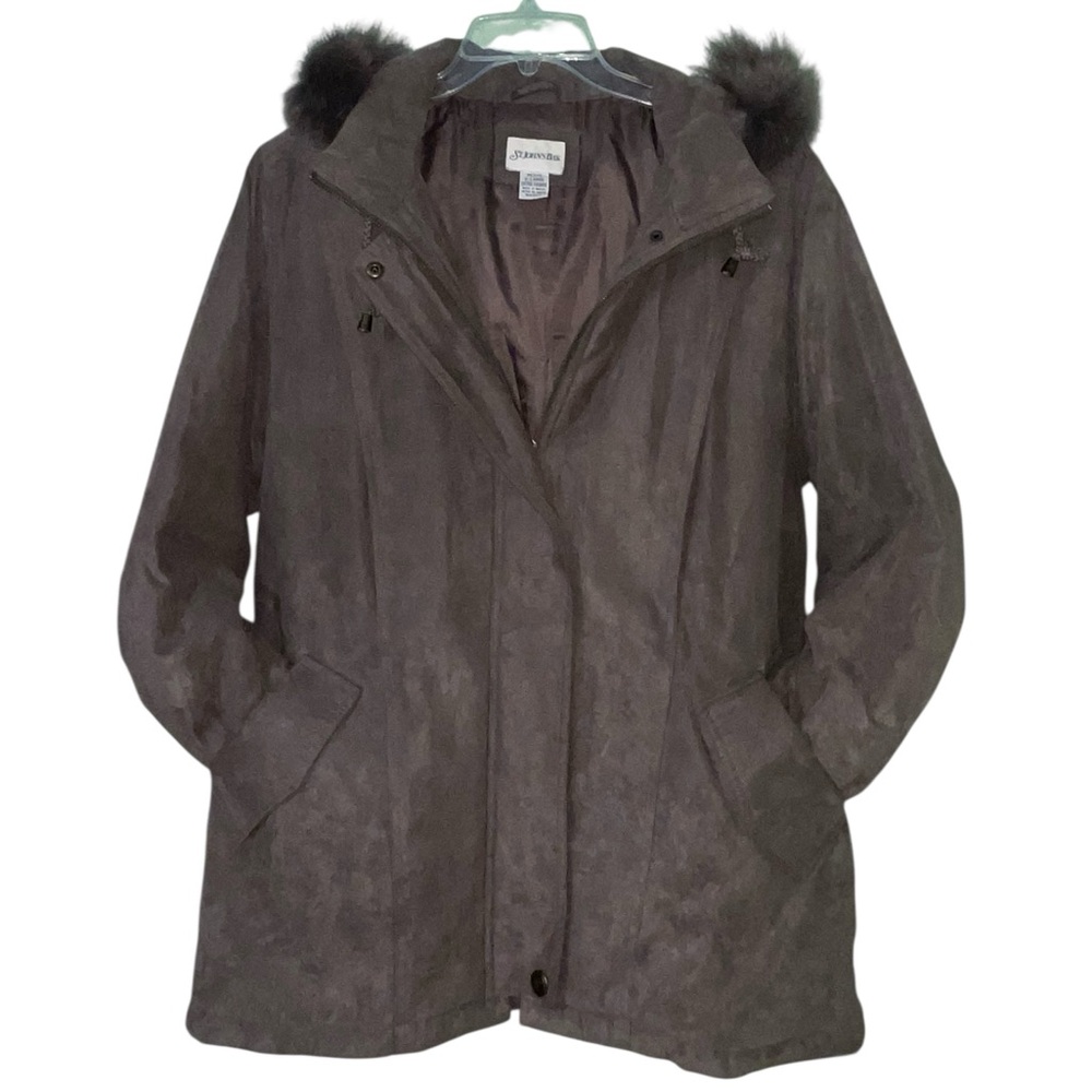 St. John's Bay brown sueded hooded coat w/genuine fox fur trim XLP. GUC